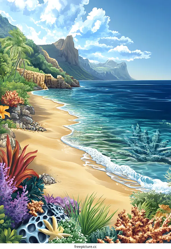 Tropical Beach with Mountain Range and Ocean