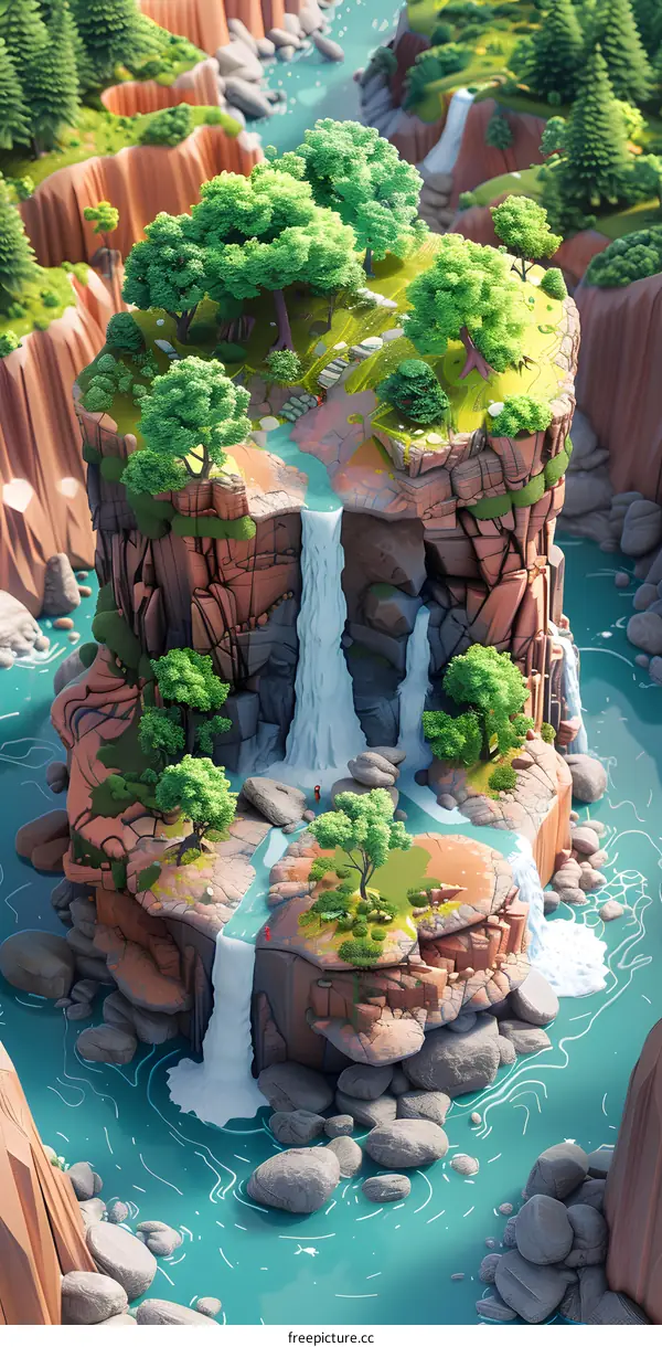 Isometric fantasy landscape with waterfalls and rocks
