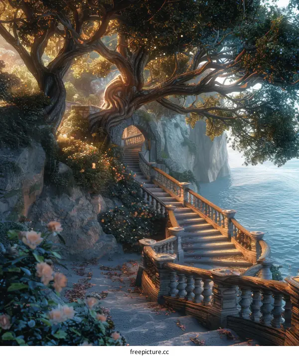 Mystical Stone Staircase Leading into an Enchanted Forest