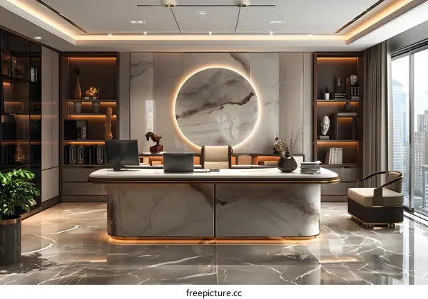 Modern Minimalist Office Interior Design with Marble Desk and Circular Wall Decor