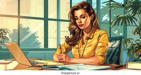Illustration of a businesswoman working at her desk