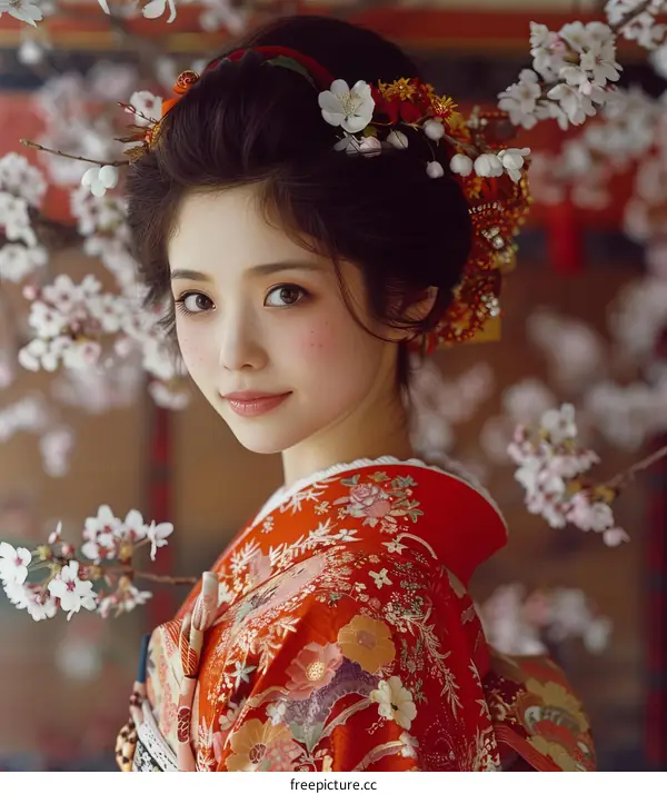 Portrait of a beautiful Japanese woman in traditional kimono with cherry blossoms