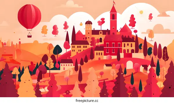 Red and Orange Minimalist Illustration of a City with a Hot Air Balloon