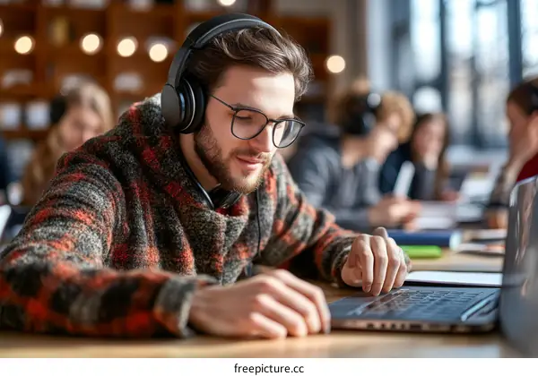 Focused Student in Library Studying with Headphones