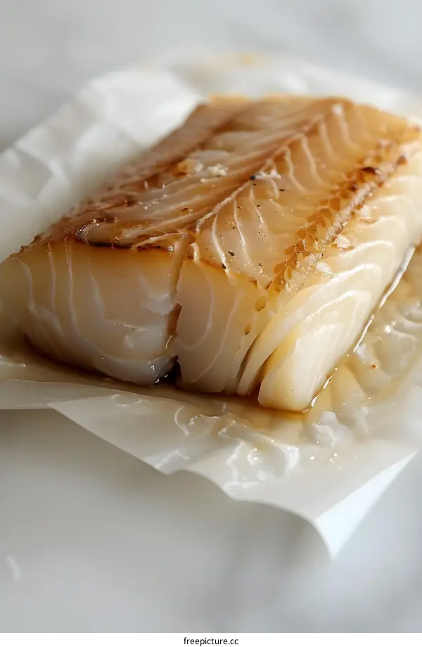 A piece of cooked fish on a white plate