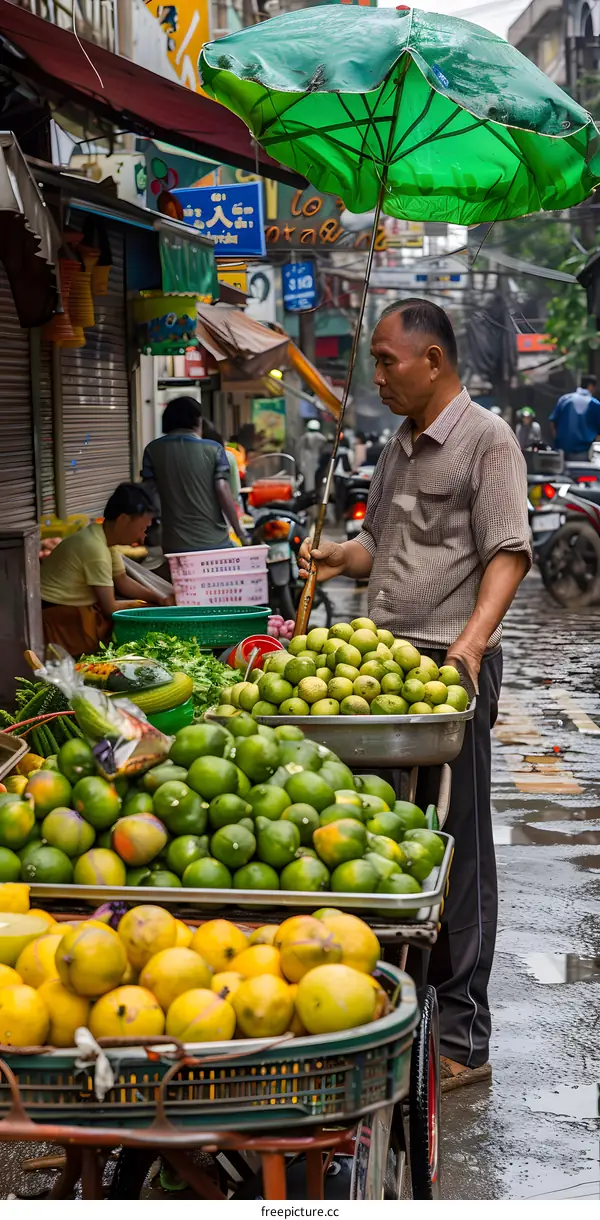 Street Food Vendor Selling Fresh Fruit in a Busy Southeast Asian City