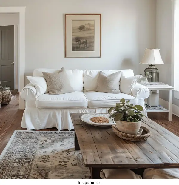 Peaceful Living Room with White Sofa, Coffee Table and Rug