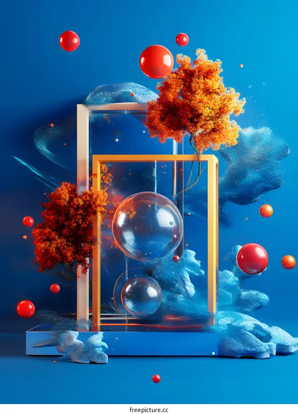 Abstract Autumnal 3D Illustration With Blue Background And Floating Spheres