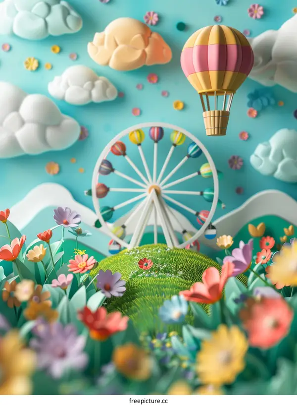 Whimsical 3D illustration of a colorful amusement park with a Ferris wheel, hot air balloon, and flowers