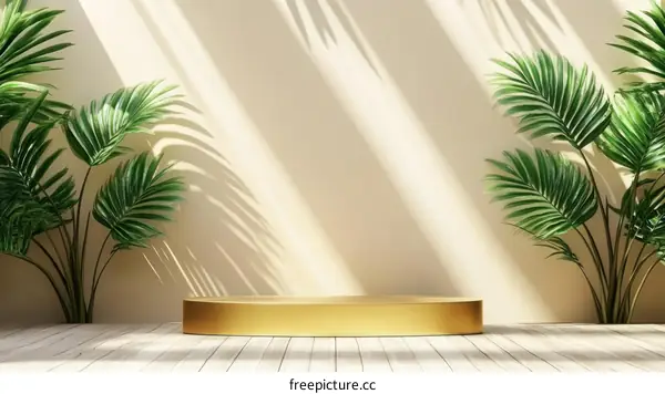 Elegant Minimalist Golden Podium Display with Tropical Plants