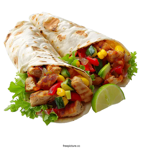 [Transparent Background PNG]Chicken fajita wraps with fresh vegetables