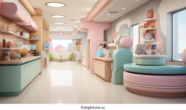 A colorful and modern hospital interior with a reception desk, waiting area, and medical equipment