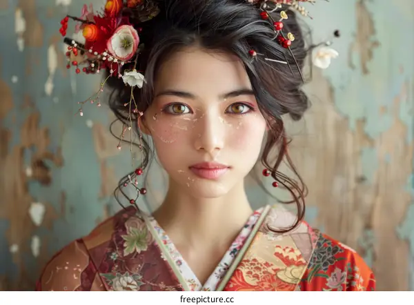Portrait of a beautiful Asian woman in traditional Japanese kimono with flower hairpiece