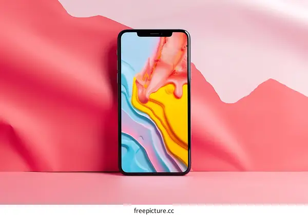 Black Smartphone on Pink and Red Background with Abstract Design