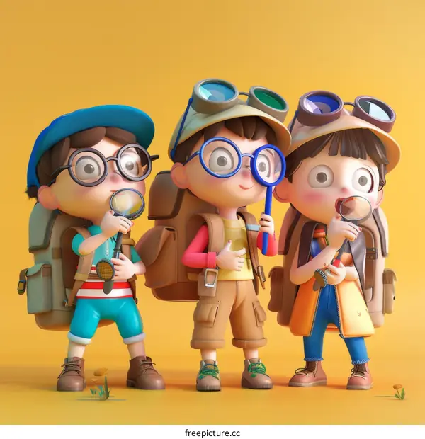 Three young explorers are looking at something with magnifying glasses