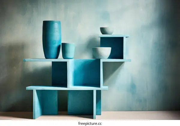 Abstract Blue Shelves with Geometric Vases