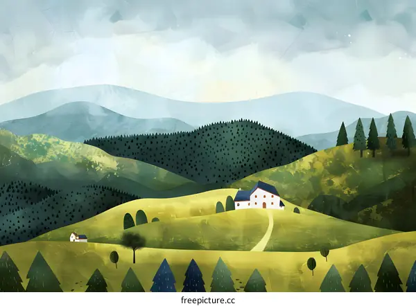 Mountain Landscape Illustration with Farmhouse