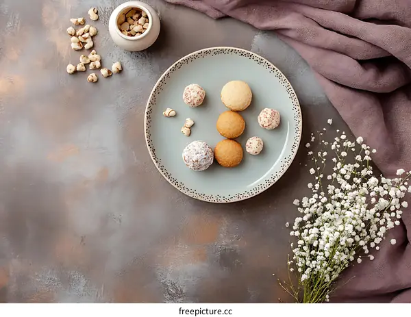 Sweet Treats and Delicate Flowers on a Rustic Background