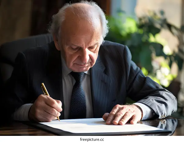 Senior Man Sitting at a Desk Signing Paper