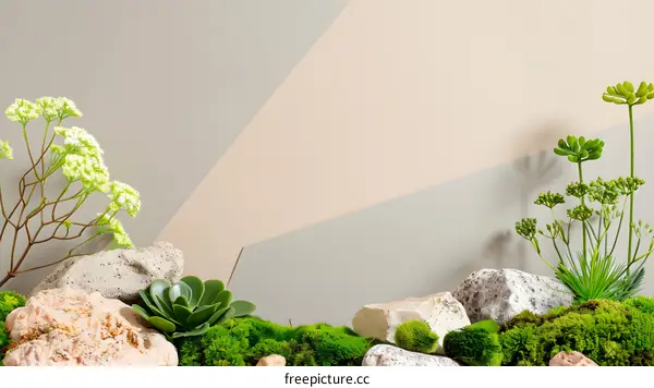 Green Plant and Stone Arrangement with Neutral Background
