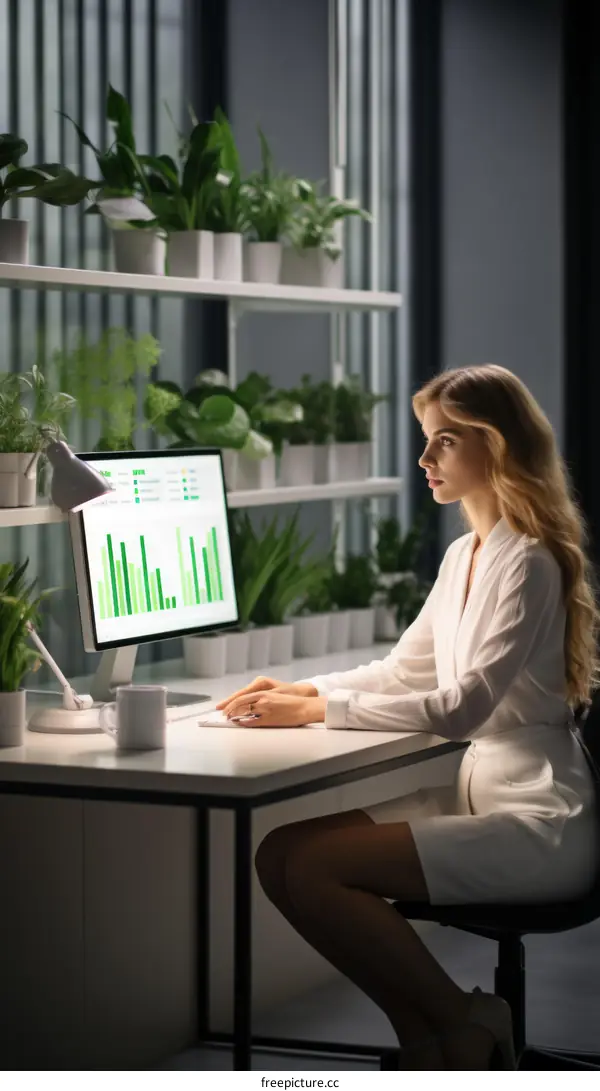 A blonde woman in a white dress is sitting at a desk in an office looking at a computer monitor. There are plants on shelves behind her.