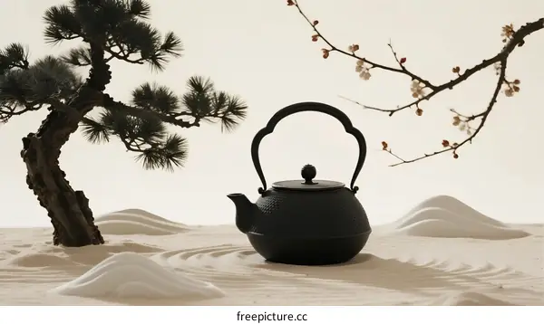 A black iron teapot placed on sandy ground with pine and cherry blossom branches