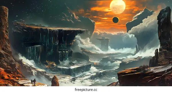 Fantasy Landscape With Two Moons and Three People