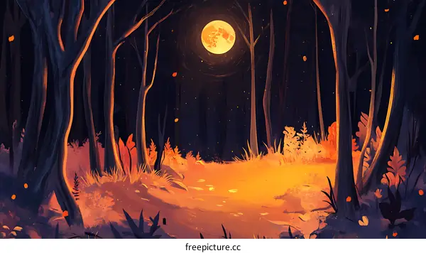 Forest Path With A Full Moon In The Night