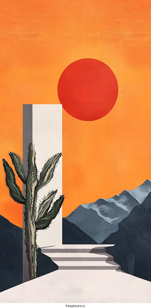 Abstract Cactus Illustration with Sunset