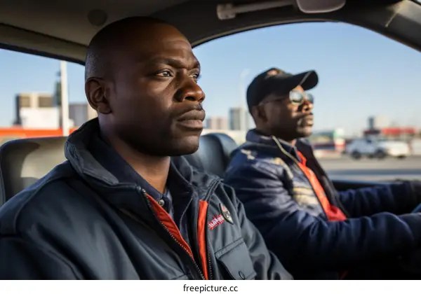 Two black men riding in the front seat of a car