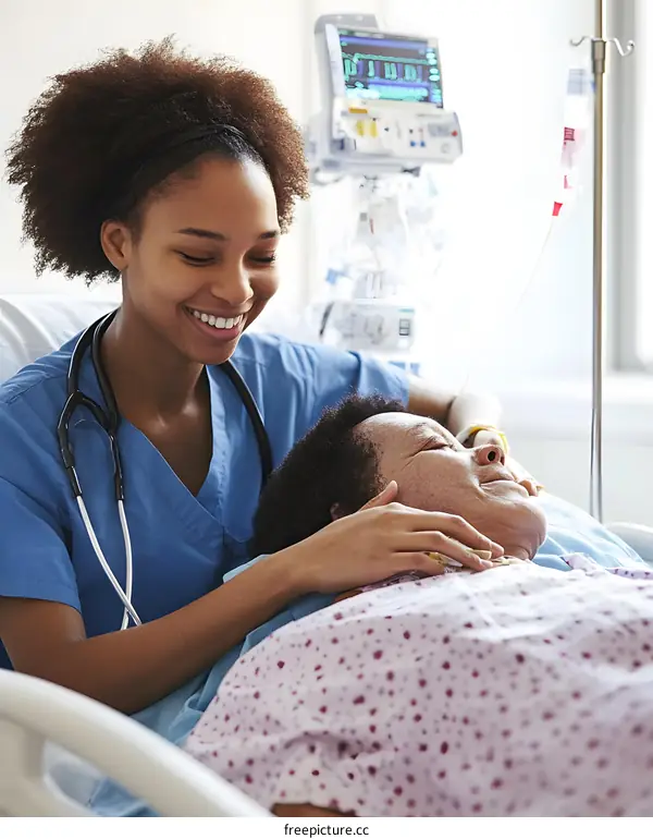 Smiling African American Nurse Comforting Patient in Hospital Bed