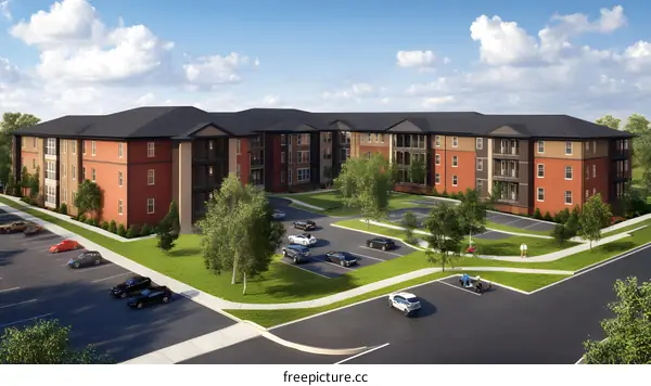 Modern Brick Apartment Building with Parking Lot and Green Grass