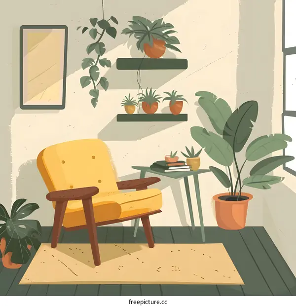 Cozy Yellow Armchair and Plants in Living Room