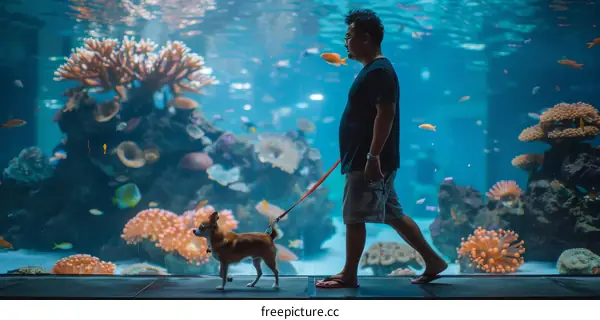 Man walking his dog in an aquarium