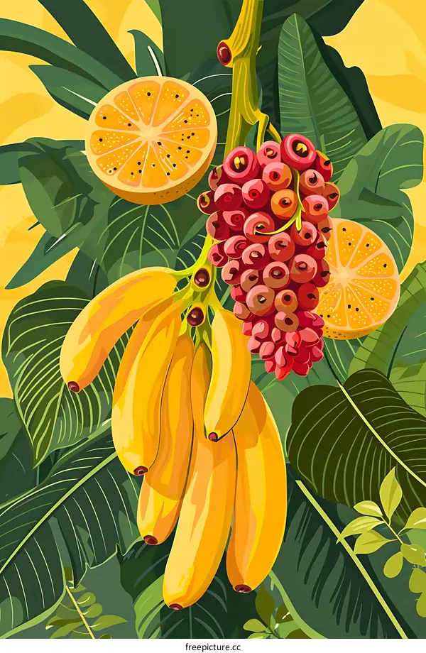 Tropical Fruits Illustration With Banana, Orange and Berry