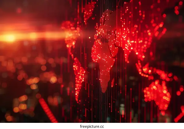 Red glowing digital world map on dark background