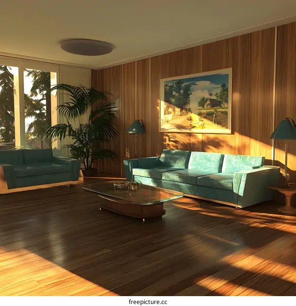 Modern Living Room Interior Design with Blue Sofa and Glass Coffee Table