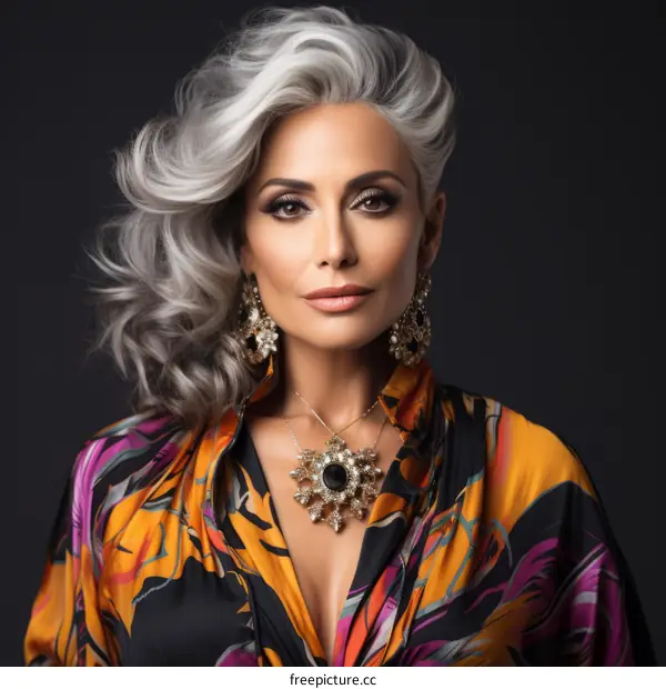 Elegant woman with gray hair wearing a colorful dress and jewelry