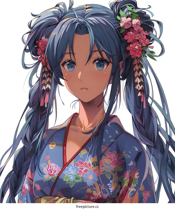 Japanese Anime Girl with Blue Hair Wearing Kimono