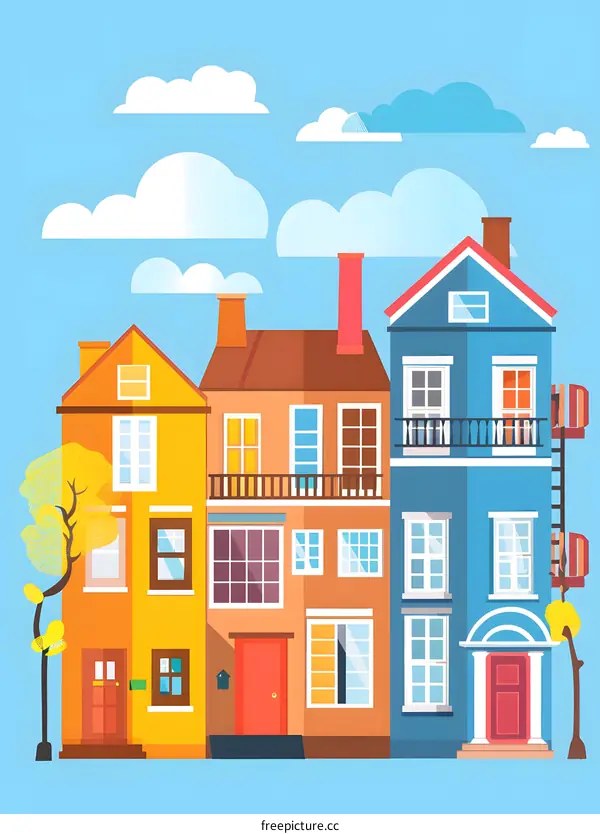 Colorful Townhouses with Blue Sky and White Clouds