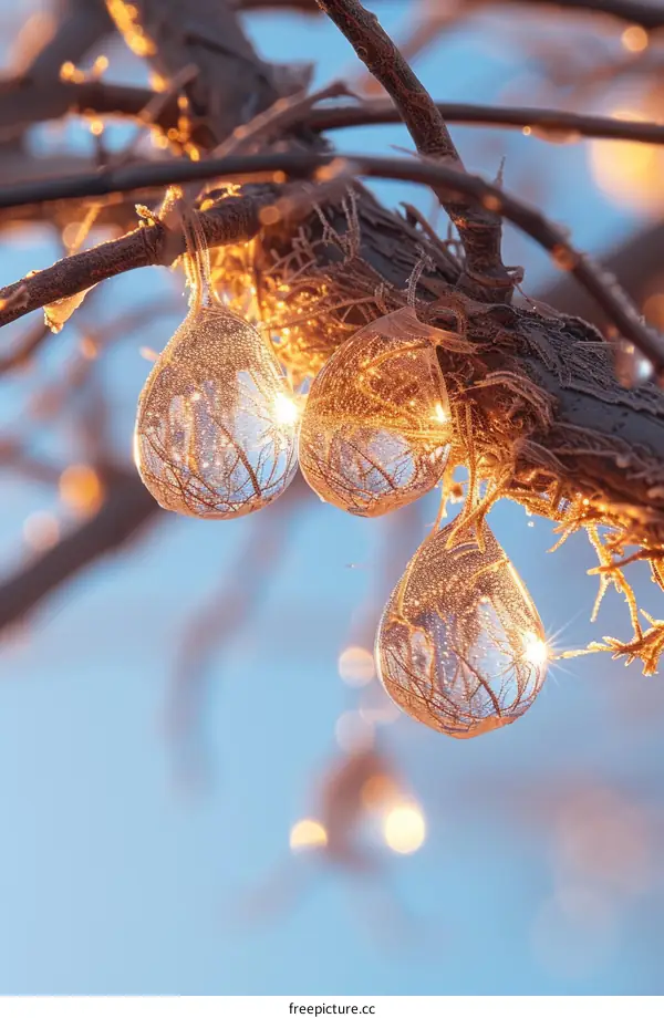 Diaphanous Water Drops Suspended on a Twig