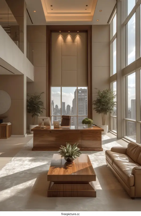 Modern office interior with large windows and city view