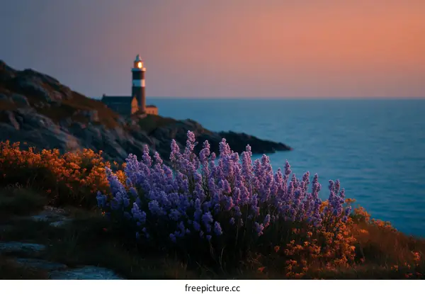 Sunset Coastline View with Lighthouse and Flowers