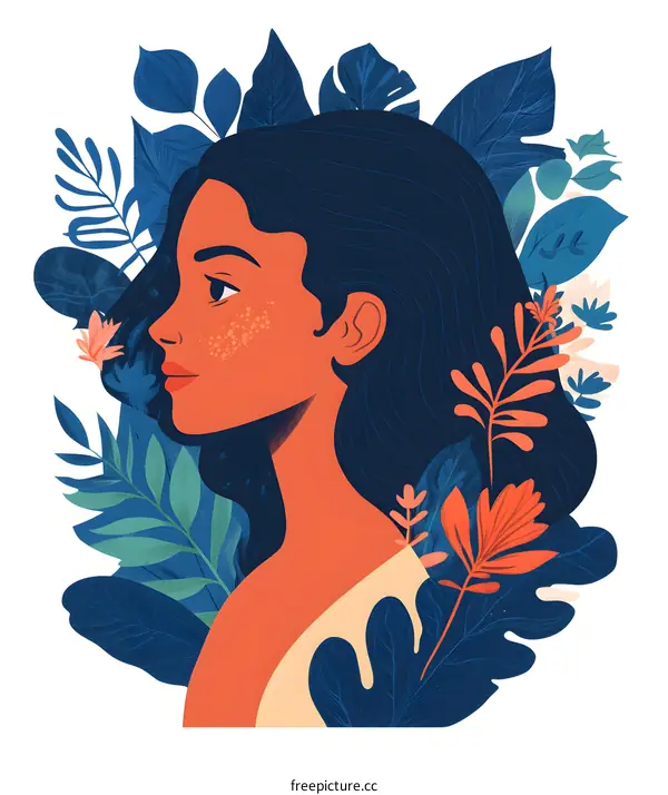 Woman with Freckles in a Tropical Garden Illustration