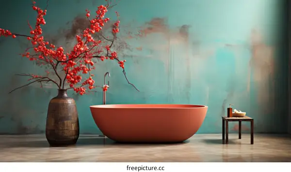 Red Bathtub with Branch and Berries in a Vase against a Blue-Green Wall
