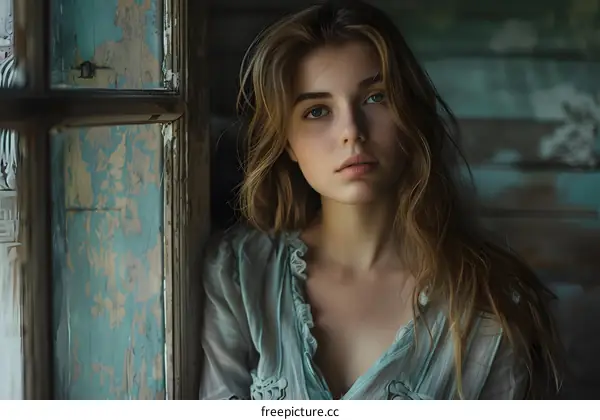 Portrait of a Young Woman with Freckles Looking Out a Window