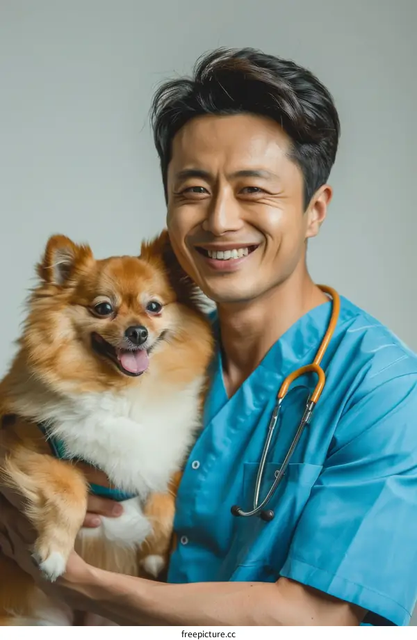 Cheerful Asian male veterinarian with a small dog