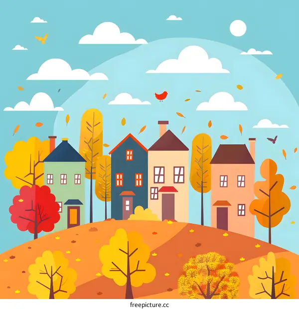 Autumn Village Illustration With Colorful Houses and Trees