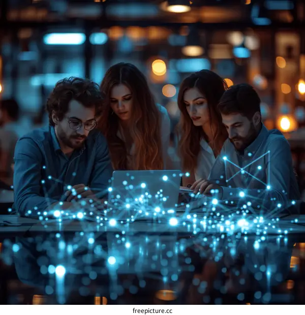 Four people in a dark room looking at a laptop with a glowing network graphic overlay