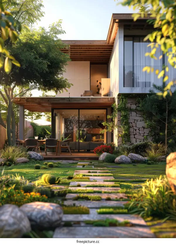 Courtyard of a Modern House with Large Glass Windows and Stone Pathway